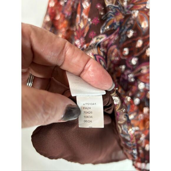 LOFT Metallic Floral Blouse Brown Red Sheer Boho Fall Top Long Sleeve Lined L - Picture 12 of 16